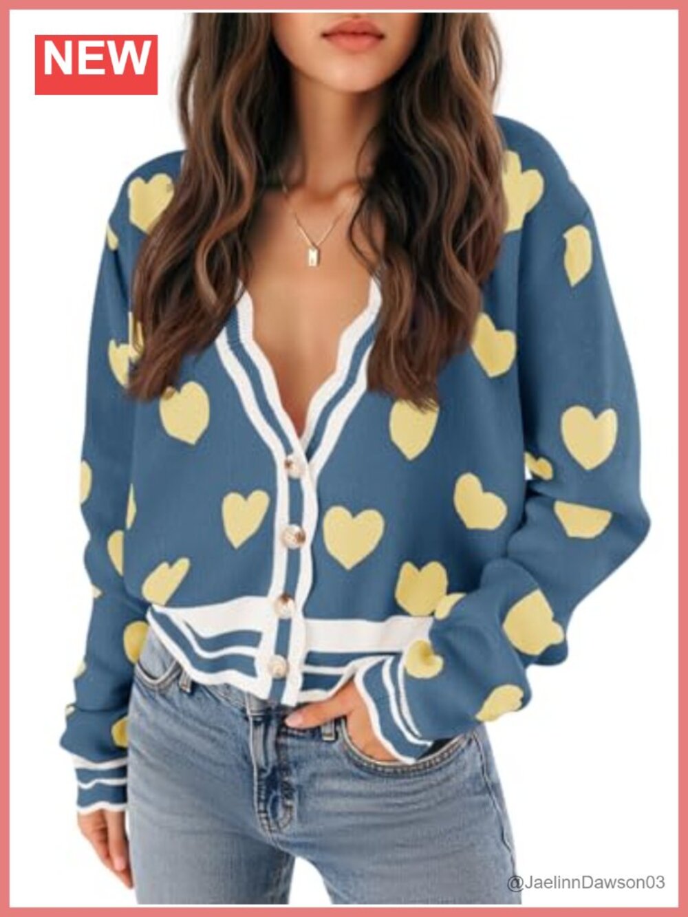 Women's Cute Heart Cardigan Sweater Button V Neck Long Sleeve Color Block Knit